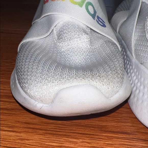 adidas White Slip-On Athletic Shoes with Rainbow Logo